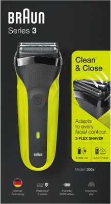 Immagine prodotto di Braun Series 3 300 rasoio elettrico per uomo con 3 lame flessibili, ricaricabile e cordless, rasoio elettrico con lamina, lavabile, nero/verde elettrico(33,12€)