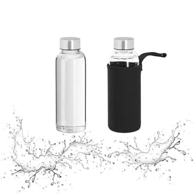 Produktbild von Relaxdays Trinkflasche Glas, 2er Set, 360ml, auslaufsicher, spülmaschinenfest, Hülle, Wasserflasche, transparent/schwarz