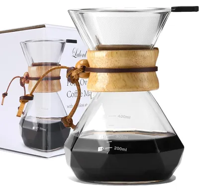 Produktbild von Lalord Pour Over Kaffeebereiter mit Edelstahlfilter, Borosilikatglas Kaffeekanne, Holzkragen, Kaffeefilter-Brauer, für 2 Tassen, 400 ml – Größe 400 ml(Steel Filter, Clear)