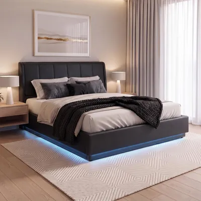 Zdjęcie produktu dla Łóżko z oświetleniem LED, tapicerowane sztuczną skórą, model "Tröstiar", z pojemnikiem na pościel, wymiary 160 x 200 cm, kolor czarny