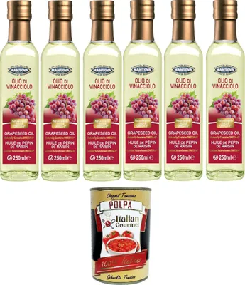 Produktbild von Fratelli Mantova Traubenkernöl 6x250 ml – Nutrazeutisches Öl – 100% natürlich und 100% rein – Gesundheit und Wohlbefinden – natürlich reich an Omega-6 – hohe Qualität+ Italian Gourmet polpa 400g