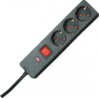 A black power strip with three outlets and a red on/off switch is shown against a white background.