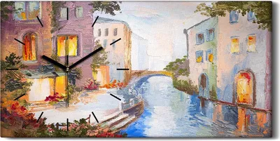 Produktbild von Dekor Leinwand Uhr Wandbilder 60x30 Gemälde Abstrakte Stadt Fluss Brücke Blumen - schwarze Hände