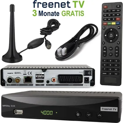 Produktbild von Imperial T2 IR Plus DVB-T2 Receiver (Inkl. 3 Monate FREENET TV) + DVB-T Antenne + HDMI Kabel, PVR Ready, HDMI & SCART, USB, HDTV mit Aufnahmefunktion und Time-Shift