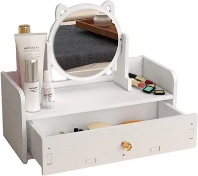 Obrázok produktu pre Uniqoos® Organizér na kozmetiku s otočným zrkadlom – 1 veľká zásuvka, úložný priestor na make-up a šperky, PVC, biela, 15 x 14 x 32 cm
