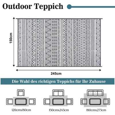 Produktbild von Outdoor Teppich Wetterfest 150x245cm PP Wasserdicht Wendbar UV-beständig Weiß Grau