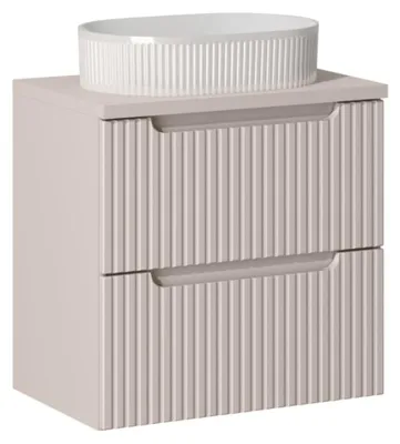 Image de Ensemble VANO cachemire 60cm : meuble sous vasque à tiroirs + plan pour vasque + vasque à poser rainurée blancheCE