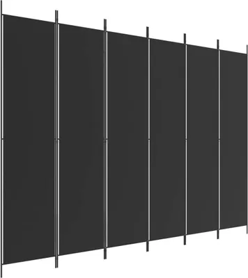 A black fabric room divider with metal poles.