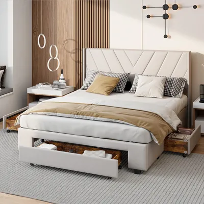 Obrázek produktu pro Postel s úložným prostorem - Dvoulůžko - Postel s zásuvkami - Postel s úložným prostorem - Rám postele - 140x200 cm - 3 prostorné zásuvky