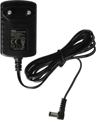 A black AC adapter with a coiled black cable and a right-angle connector.
