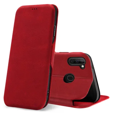 A red flip case for a smartphone is shown from two angles against a white background.