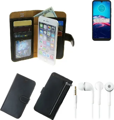 Produktbild von TOP SET Handy Hülle Schutz Hülle kompatibel mit Motorola Moto E6S 2020  schwarz aus Kunstleder + Kopfhörer Smartphone Tasche vollwertige Geldbörse