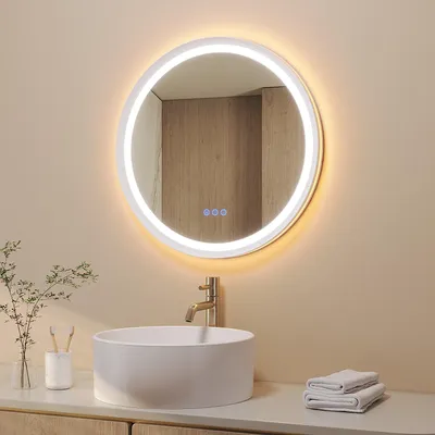 Produktbild von Rund Spiegel Badspiegel mit Beleuchtung 60 cm LED Badzimmerspiegel mit beschlagfrei, Touchschalter, Kaltweiß & Warmweiß, mattweißer Rahmen
