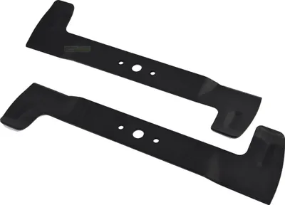 Two black lawn mower blades are shown against a white background.