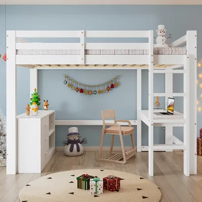 Productafbeelding van Hoogslaper - Stapelbed - Bedbank - Halfhoogslaper - Kinderbed - Wit Design - Inclusief Bureau en Opbergruimte