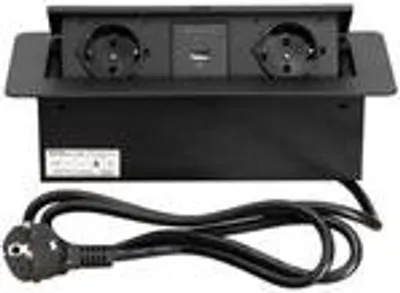 A black retractable power outlet with two sockets and a USB port, along with its power cord and plug.