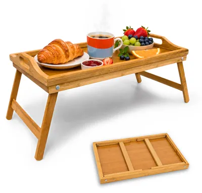 Produktbild von 2 x Betttablett klappbar, Essenstablett mit Füßen, Frühstück im Bett, Bambus & MDF, HxBxT: 23 x 60 x 30 cm, natur