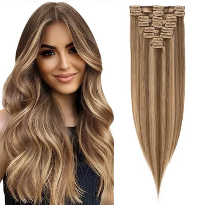 Immagine prodotto di Estensioni per capelli a clip, 8 pezzi, 25 cm, colore #4/27, tecnica balayage, biondo, capelli veri Remy, sottili, setosi, lisci