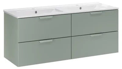 Productafbeelding van Badkamerset OSTER 120cm: saliegroene onderkast met lades + dubbele ingebouwde witte wastafel
