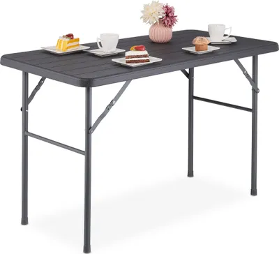 Produktbild von Relaxdays Gartentisch, Holzoptik, eckig, HxBxT: 74 x 118 x 60 cm, Kunststoff, Metall, klappbarer Terrassentisch, grau