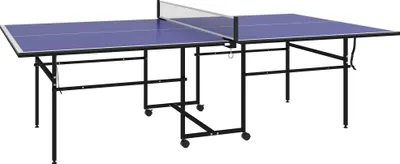 Obrázok produktu pre SPORTNOW Skladací stôl na stolný tenis, stôl na stolný tenis s kolieskami, súprava na stolný tenis s 2 pálkami na stolný tenis, 3 loptičky, vonkajší krytý oceľový, modrý