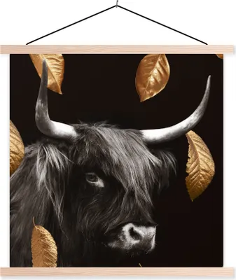 Produktbild von MuchoWow® Textilposter Schottisches Hochlandrind - Gold - Schwarz - Weiß 60x60 cm mit holzfarbenen Rahmen - Wanddekoration