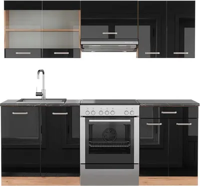 Produktbild von Küchenzeile Vicco R-Line Schwarz Hochglanz/Goldkraft Eiche 200 cm , AP Anthrazit, Model 43133