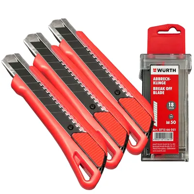 Produktbild von Würth 3 x 1K Cutter Messer mit Schieber 18mm + 1 x 50 Würth Klingen im Spender
