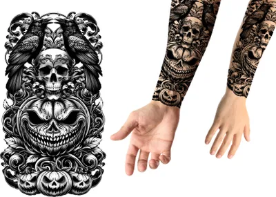 Image de Halloween Tatouage citrouille Corbeau Crâne Tête de mort Effrayant Design Bras Temporaire, Couleur : Noir