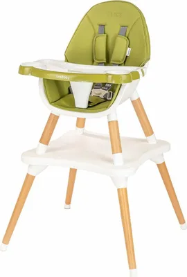 A green and white high chair with wooden legs, shown against a white background.