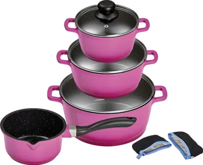 Produktbild von 4/7tlg. KING® Kochtopfset Aluguss BERRY / 10L / Topfgrößen ca. Ø16, Ø16, Ø20, Ø24cm / langlebige Antihaft-Keramikbeschichtung Innen: FUSION®  TI / Farbe: BERRY