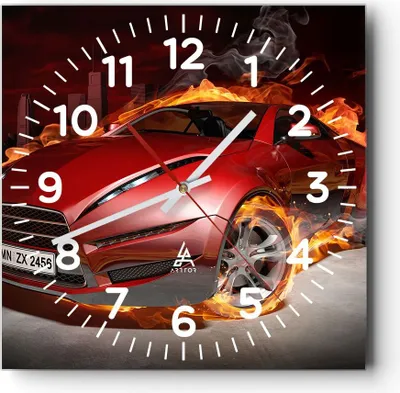 Produktbild von Wanduhr - Quadrat - Glasuhr - Auto Flammen Rot - 40x40cm - Schleichendes Uhrwerk - Lautlos - zum Aufhängen bereit - Dekoration Modern - Wanddekoration aus Glas - C4AC40x40-0200