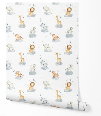 Produktbild von Selbstklebende Tapete Möbelfolie Safari Tiere Löwe Giraffe Elefant Zebra Wolken Sterne Mond Muster Kinderzimmer Schlafzimmer Flur 2,5m x 0,5m