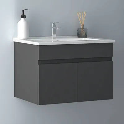 Produktbild von 60 cm Waschtisch mit Unterschrank Badmöbel Set mit Waschbecken Keramik dünn Gäste WC Anthrazit Matt