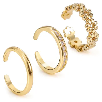 3er-Set Goldene Zehenringe, offen verstellbar, Kupfer, Blumen- und Diamantdesign