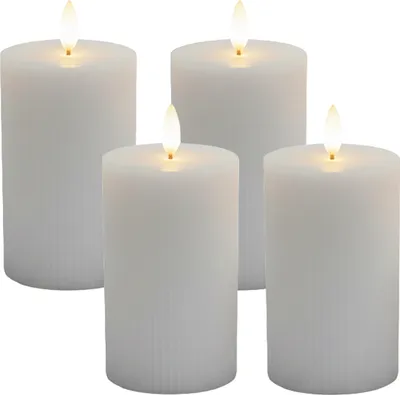 Produktbild von Relaxdays LED Kerzen, 4er Set, HxD: 13 x 7,5 cm, flackernde Flamme, Echtwachs, Rillen, flammenlose Blockkerzen, hellgrau