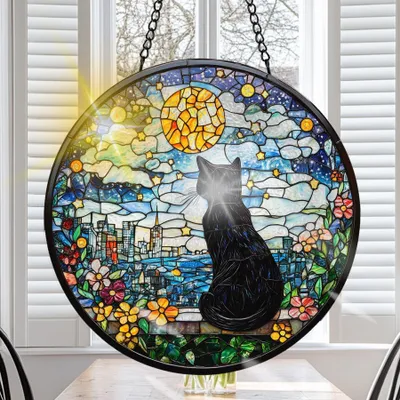 Produktbild von Schwarze Katze farbiger Glas Sonnenfänger - Fensterdekoration mit Kette und Haken