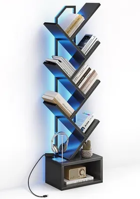 Productafbeelding van Boekenrek in boomvorm 6 laags, houten boekenkast met ledstrip, voor woonkamer