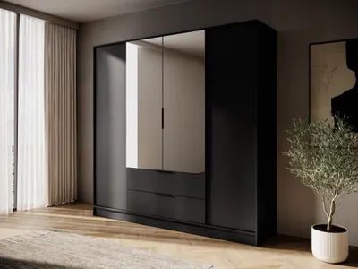 Produktbild von Kleiderschrank 4-türig mit Schubladen und Vitrine – moderner Schrank mit Riffelglas / Flutes Glas, viel Stauraum, 206 cm breit, Schlafzimmer Garderobenschrank - Sevia Schwarz – mit Spiegel
