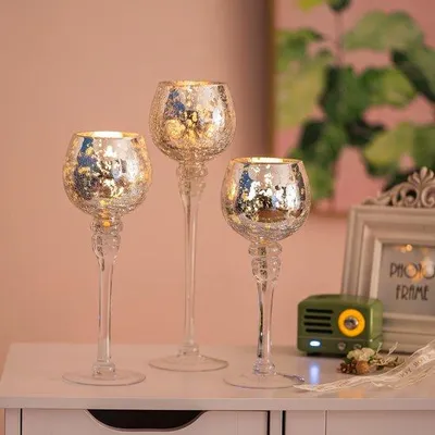 Produktbild von Unyqoos® Glas-Kerzenhalter-Set, 3er silberne Windlichter für Tischdeko – Höhen 23,5/25/31,5 cm, für Teelichter & Votivkerzen