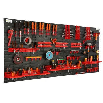 Produktbild von Werkzeugwand Wandregal mit 173x78cm Abmessungen 80 tlg. Set im Schwarz/Rot Werkzeughalter Werkstattregal aus Kunststoff Lagersystem Schüttenregal