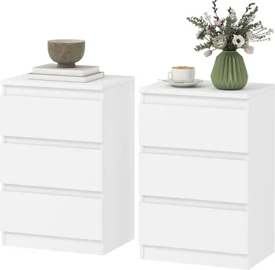 Image de Table de chevet, lot de 2 tables d'appoint à 3 tiroirs, table de nuit, commode de chevet pour chambre à coucher ou salon, 40 x 30 x 59,5 cm, blanc