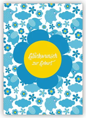 Produktbild von Niedliche Retro Babykarte für Jungen mit Elefanten und Blümchen in hellblau: Glückwunsch zur Geburt