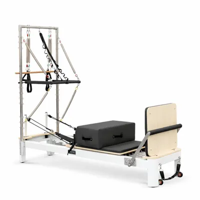 Immagine prodotto di PH Fitness Reformer Pilates in alluminio con torre a mezzo trapezio – Attrezzo professionale con 6 molle, barra poggiapiedi regolabile e imbottitura di alta qualità - Bianco