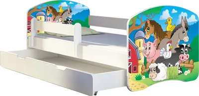 Obrázok produktu pre Posteľ pre mladých ACMA detská posteľ junior kompletná súprava s lamelovým roštom a ochranou proti vypadnutiu matraca biela 34 Farm 140x70 + podstavec pod posteľ