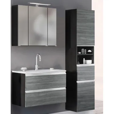 Produktbild von Waschplatz Set mit Mineralgussbecken APIA-03 in Graphitgrau mit Eiche rauchsilber, B/H/T: 140/200/47cm