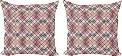 Immagine prodotto di ABAKUHAUS Set di copricuscini astratti (2 pezzi), stampa irlandese Vintage Fashion Tartan Motif Ethnic Royal Lines Image, 60 x 60 cm, Rosa pallido Avorio Grigio