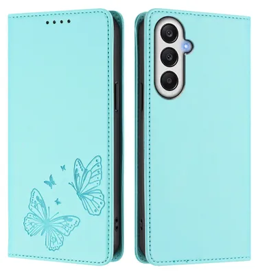 Image de Étui en cuir pour Samsung Galaxy A05S, étui de protection type portefeuille en cuir gaufré motif papillon avec support, couleur turquoise