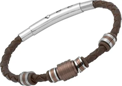 Produktbild von Längenverstellbares braunes Lederarmband mit Edelstahlelementen