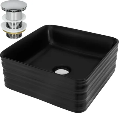 Produktbild von LuxeBath Waschbecken Aufsatzwaschbecken Quadratisch, 39x39x15 cm, Schwarz, aus Keramik, inkl. Ablaufgarnitur ohne Überlauf